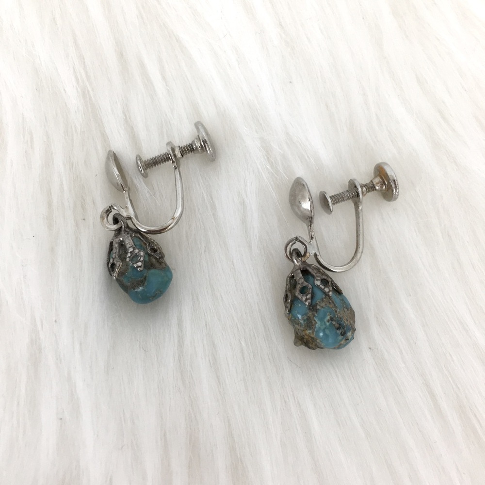 Vintage Screw Back Blue Moon Turquoise Dangle Earrings Silver Tone Filigree